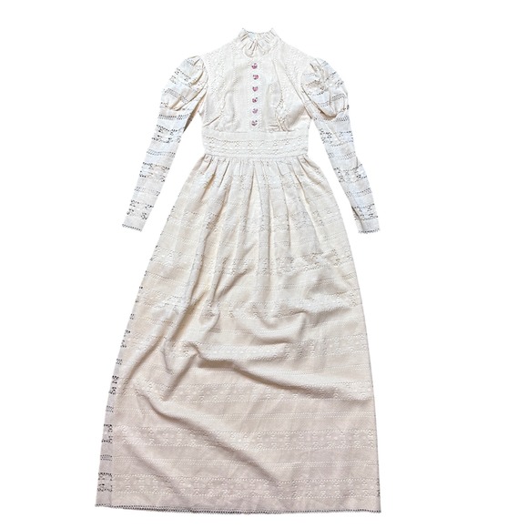Dresses & Skirts - Vintage Lace Maxi Dress Women XS Cream Floral Embroidered Victorian High Neck
